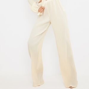 Cream Plisse High Waisted Wide Leg Pants (Tall)